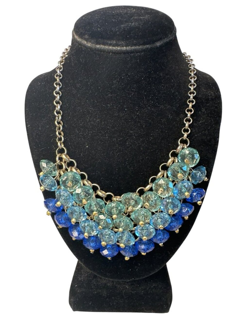 Beaded Statement Necklace Blue Aqua Chain Faceted Beads Bib Statement Career